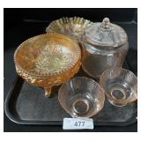 Carnival Glass Bowls, Jar, Mini Cups.