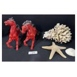 Large Piece Of Coral, Sea Star & Ceramic Horses.