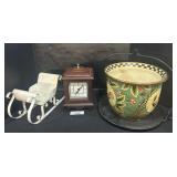 Mantel Clock, Metal Decor Sled, Roster Planter.