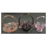 3 Fenton Pink & Purple Art Glass Handled Baskets.