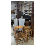 2 Stools, Coat Rack, & Oak Captain Chair.