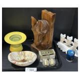 Wood Horse Bookend, Milk Glass Candle Holder.