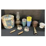 Tin Canister & Bank, Toleware, Brass Hose Attach.