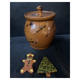 Breininger Redware Jar and Ornaments.