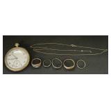 14K Gold Chain, Hamilton Pocket Watch, Rings.