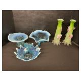 Blown Art Glass Vases, Opalescent Blue Bowls.