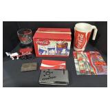 Coca Cola Adv Pitcher, Pencils, Glasses.