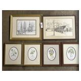 Botanical Prints & Winter Church Scene.