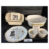 Longaberger pottery and Corning Ware Dish.