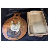 Primitive Painted Cutting Board, Pyrex Dish.