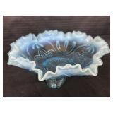 Blue Opalescent Art Glass Footed Bowl.