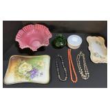 Hobnail Milk Glass Bowl, Wedgewood Jar, Jewelry.