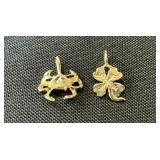 14K Gold Crab & Four Leaf Clover Pendants.