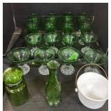 16 Anchor Hocking Sherbet Glasses & Green Vase.