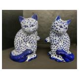 Pair Of Blue & White Porcelain Cat Figurines.