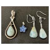 Sterling Silver Pendant, Larimar Earrings.