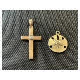 14K Gold Sand Dollar & 10K Gold Cross Pendants.