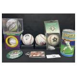 Lot Of Baseball Memorabilia, Baseballs, Tins.