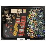 Vintage Glass Marbles, Metal Tags & Bells.