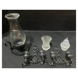 Cast Iron Candle Holders, Crystal Vase & Dish.