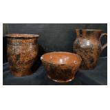 3 Huber House Redware Pottery Pieces.