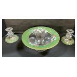 Hand Painted Glass Bowl & Candlesticks.