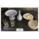 Wedge Wood Vase, Shot Glasses and Candlestick.