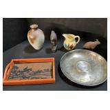 Painted Vase, Serving Trays, Figurines, Pitcher.