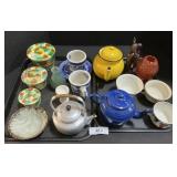 Goebel Egg Cup, Enamelware Teapots, Art Glass.