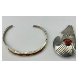 Native American Sterling & Coral Cuff, Pin.