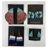 4 Pairs Native American Sterling & Shell Earrings.