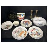 Cartoon Plates & Dishes. Brass Candle Sticks.