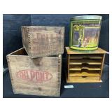 Vtg Jello & Dupoint Wooden Crates, John Deer Tin.