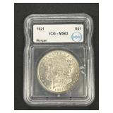 Slabbed 1921 90% Silver Morgan Dollar.