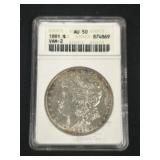 Slabbed 90% Silver 1891 Morgan Dollar.