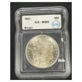 Slabbed 1921 90% Silver Morgan Dollar.