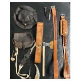 Leather Bandoliers, Belt, Hat & Purse, Axe, Knife.
