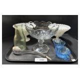Milk Glass Pedestal Bowls, Blue Teacups, Spoon.