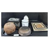Cast Iron Pan, Wooden Plates, Salt Container.