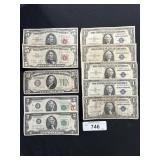 U.S Bills $5, $10, $2 & $1. Red, Green, Blue Seals