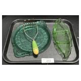 Green Glass Serving Trays & Masher.