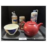 Beer Steins, Painted Decanter, Red Teapot.