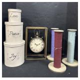 Decorative Boxes, Mantle Clock, Mill Spools.