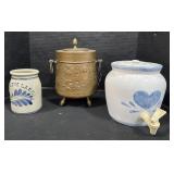 Blue Decorated Stoneware Crock, Brass Vessel.