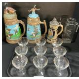 Beer Stein Jars, Mickey Mouse Pitcher, Glasses.