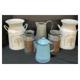 Enamelware & Painted Milk Pails, Pitchers.