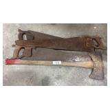 Dbl Sided Splitting Axe, (3) Hand Saws.
