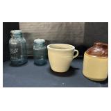 Glass Mason Jars & Stoneware Jug & Crock.