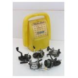 (5) Fishing Reels & Yellow FLAMEAU Bait Box
