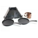 2-Mini Cast Iron Skillets, Tiny Folding Camp Stove